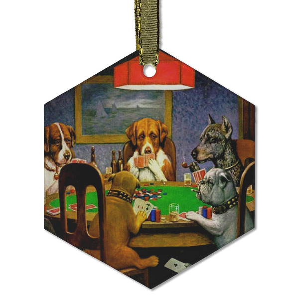 Custom Dogs Playing Poker by C.M.Coolidge Flat Glass Ornament - Hexagon