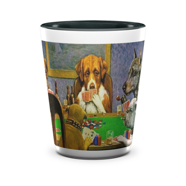 Custom Dogs Playing Poker by C.M.Coolidge Ceramic Shot Glass - 1.5 oz - Two Tone - Set of 4
