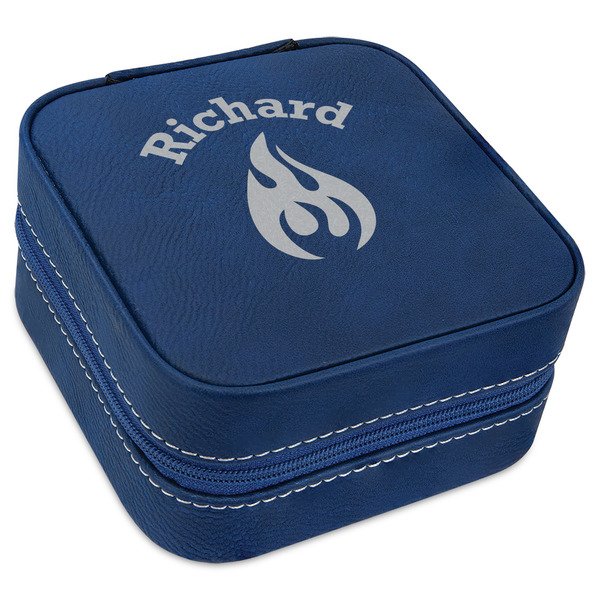 Custom Fire Travel Jewelry Box - Navy Blue Leather (Personalized)