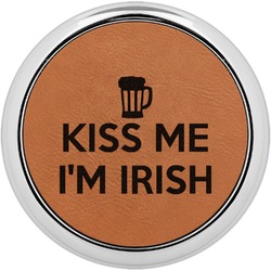 Kiss Me I'm Irish Set of 4 Leatherette Round Coasters w/ Silver Edge (Personalized)