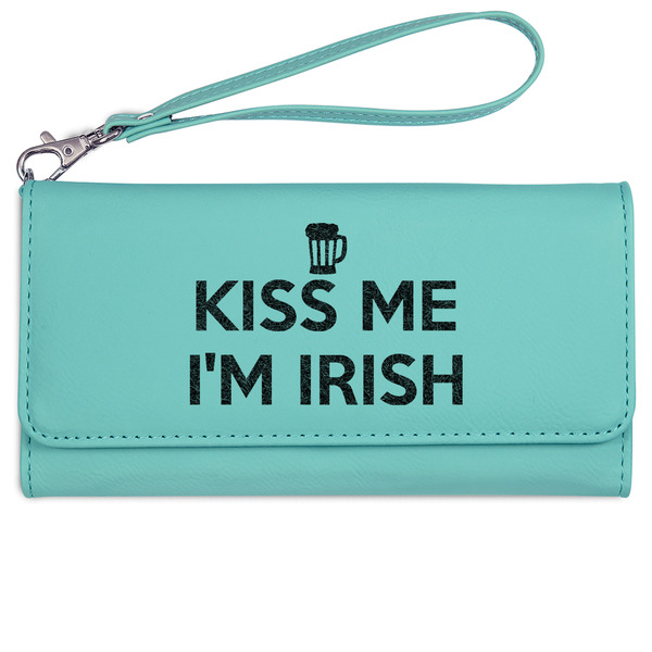 Custom Kiss Me I'm Irish Ladies Leatherette Wallet - Laser Engraved- Teal