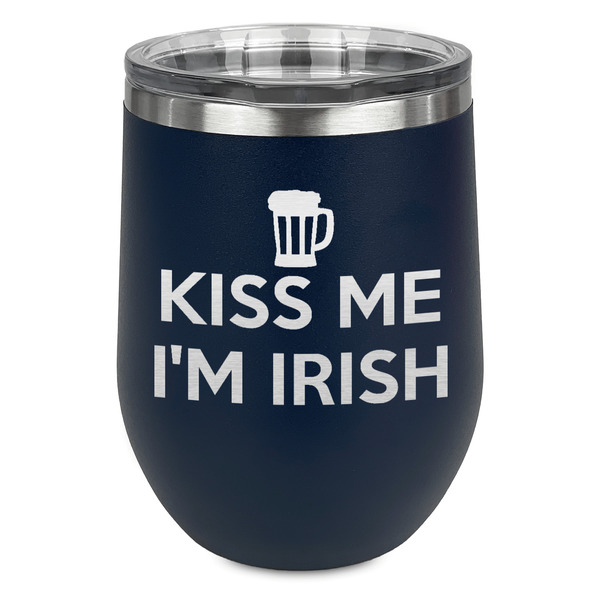 Custom Kiss Me I'm Irish Stemless Stainless Steel Wine Tumbler - Navy - Double Sided