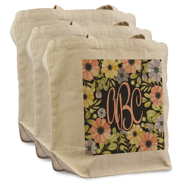 Custom Boho Floral Reusable Cotton Grocery Bags - Set of 3 (Personalized)