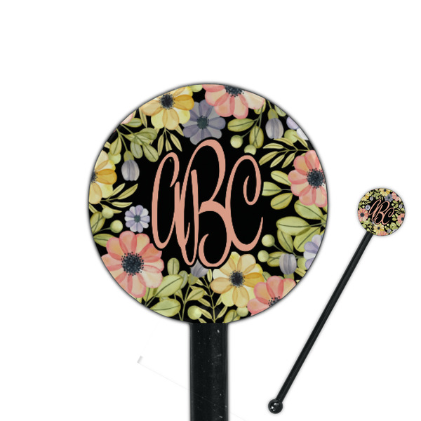 Custom Boho Floral 5.5" Round Plastic Stir Sticks - Black - Double Sided (Personalized)