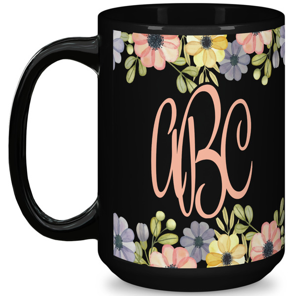 Custom Boho Floral 15 Oz Coffee Mug - Black (Personalized)