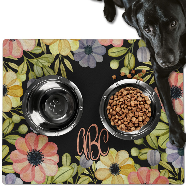 Custom Boho Floral Dog Food Mat - Large w/ Monogram