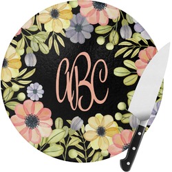 Boho Floral Round Glass Cutting Board - Medium (Personalized)