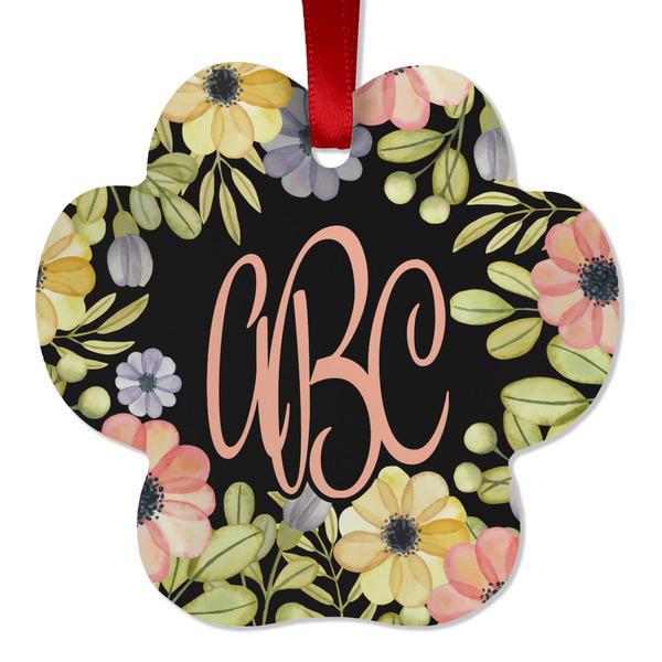 Custom Boho Floral Metal Paw Ornament - Double Sided w/ Monogram