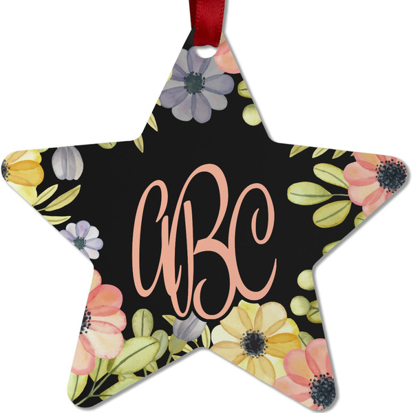 Custom Boho Floral Metal Star Ornament - Double Sided w/ Monogram