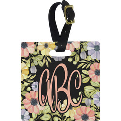 Boho Floral Plastic Luggage Tag - Square w/ Monogram