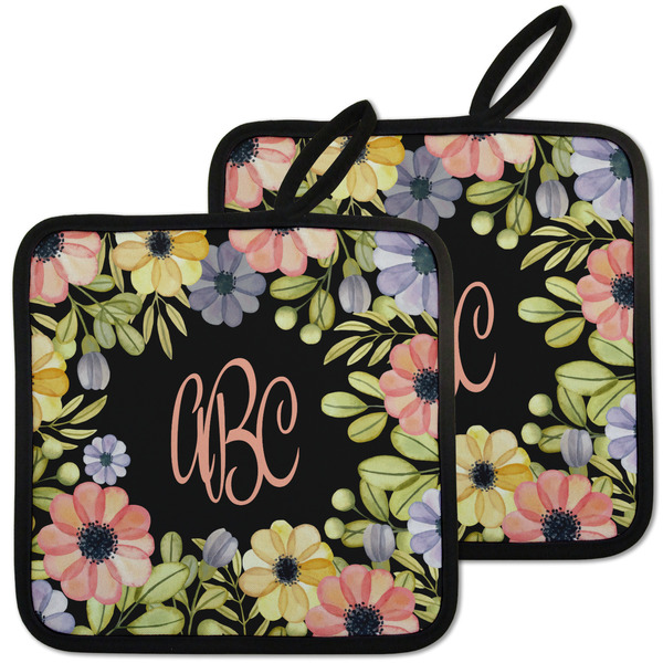 Custom Boho Floral Pot Holders - Set of 2 w/ Monogram