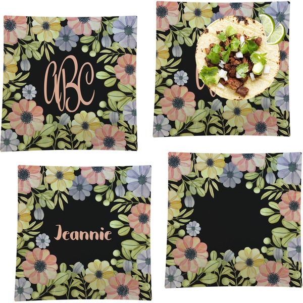 Custom Boho Floral Set of 4 Glass Square Lunch / Dinner Plate 9.5" (Personalized)