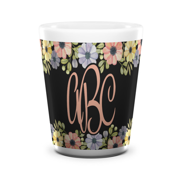 Custom Boho Floral Ceramic Shot Glass - 1.5 oz - White - Set of 4 (Personalized)