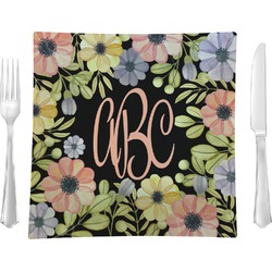 Boho Floral 9.5" Glass Square Lunch / Dinner Plate- Single or Set of 4 (Personalized)