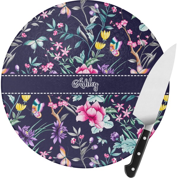 Custom Chinoiserie Round Glass Cutting Board - Small (Personalized)