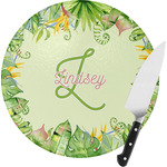 Tropical Leaves Border Round Glass Cutting Board - Small (Personalized)