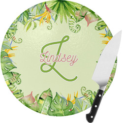 Tropical Leaves Border Round Glass Cutting Board - Small (Personalized)