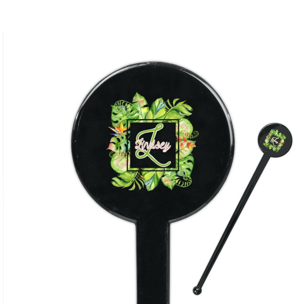 Custom Tropical Leaves Border 7" Round Plastic Stir Sticks - Black - Single Sided (Personalized)