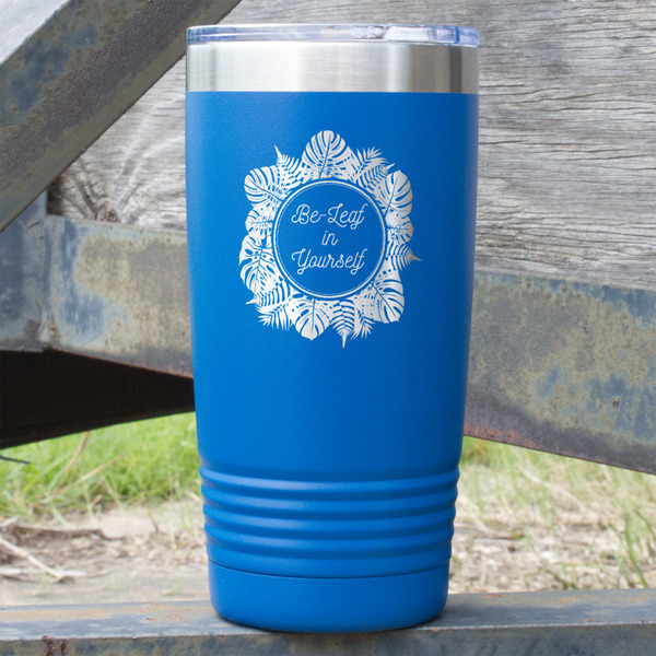 Custom Tropical Leaves Border 20 oz Stainless Steel Tumbler - Royal Blue - Double Sided (Personalized)