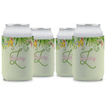 Tropical Leaves Border Can Cooler (12 oz) - Set of 4 w/ Name and Initial