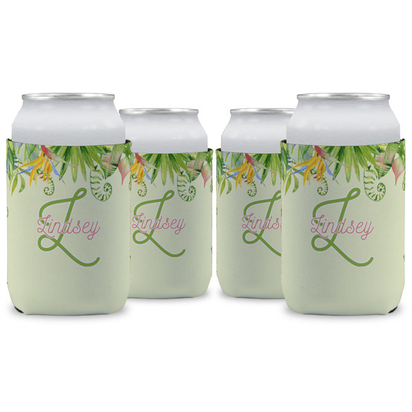 Custom Tropical Leaves Border Can Cooler (12 oz) - Set of 4 w/ Name and Initial