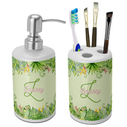 Tropical Leaves Border Ceramic Bathroom Accessories Set (Personalized)