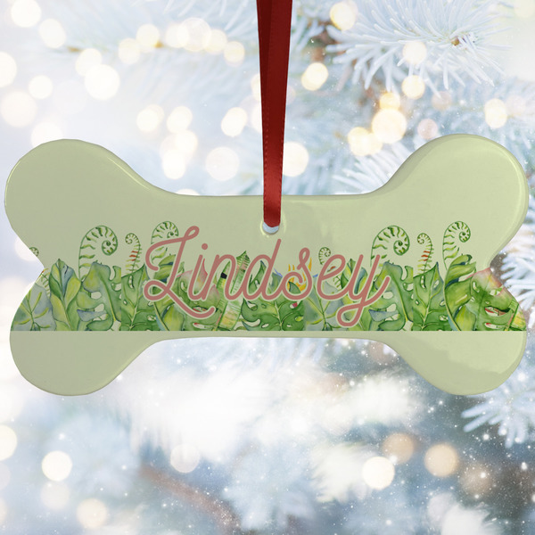 Custom Tropical Leaves Border Ceramic Dog Ornament w/ Name and Initial