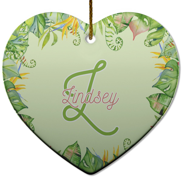 Custom Tropical Leaves Border Heart Ceramic Ornament w/ Name and Initial