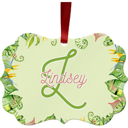 Tropical Leaves Border Metal Frame Ornament - Double Sided w/ Name and Initial