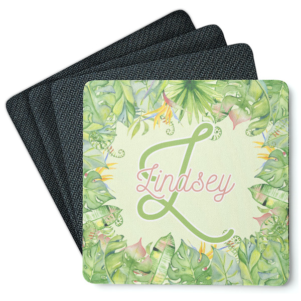 Custom Tropical Leaves Border Square Rubber Backed Coasters - Set of 4 (Personalized)