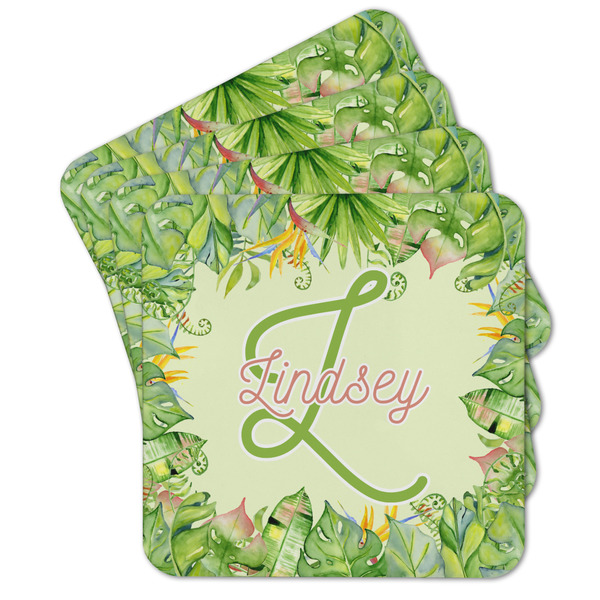 Custom Tropical Leaves Border Cork Coaster - Set of 4 w/ Name and Initial