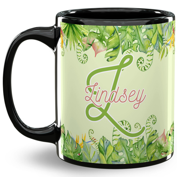 Custom Tropical Leaves Border 11 Oz Coffee Mug - Black (Personalized)