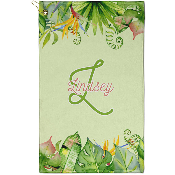 Custom Tropical Leaves Border Golf Towel - Poly-Cotton Blend - Small w/ Name and Initial