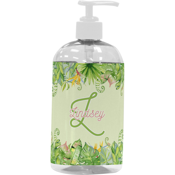 Custom Tropical Leaves Border Plastic Soap / Lotion Dispenser (16 oz - Large - White) (Personalized)