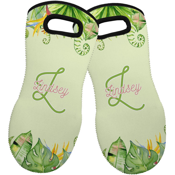 Custom Tropical Leaves Border Neoprene Oven Mitts - Set of 2 w/ Name and Initial