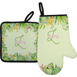 Tropical Leaves Border Right Oven Mitt & Pot Holder Set w/ Name and Initial