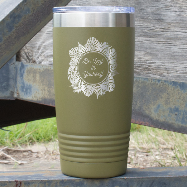 Custom Tropical Leaves Border 20 oz Stainless Steel Tumbler - Olive - Double Sided (Personalized)