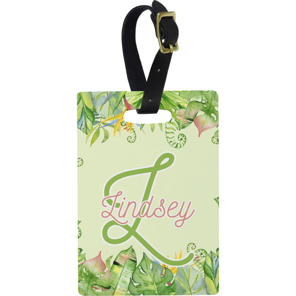 Custom Tropical Leaves Border Plastic Luggage Tag - Rectangular w/ Name and Initial