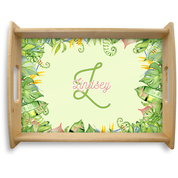 Custom Tropical Leaves Border Natural Wooden Tray - Large (Personalized)