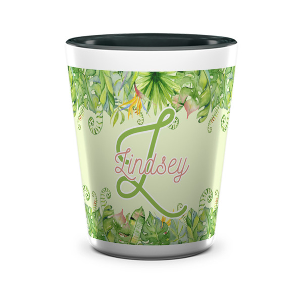 Custom Tropical Leaves Border Ceramic Shot Glass - 1.5 oz - Two Tone - Set of 4 (Personalized)