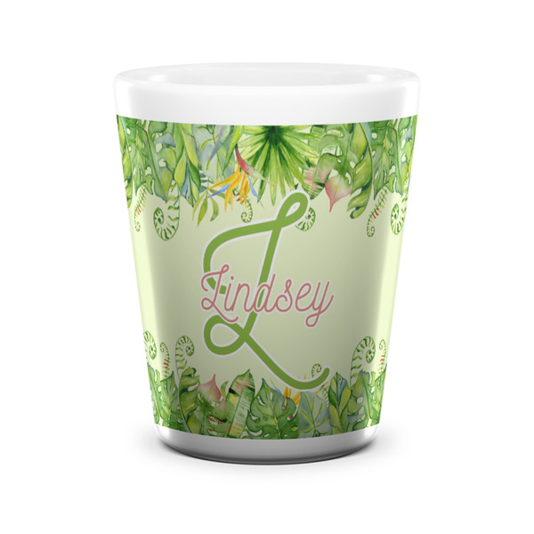 Custom Tropical Leaves Border Ceramic Shot Glass - 1.5 oz - White - Set of 4 (Personalized)