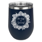 Tropical Leaves Border Stemless Stainless Steel Wine Tumbler - Navy - Double Sided (Personalized)