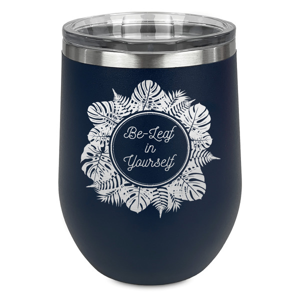 Custom Tropical Leaves Border Stemless Stainless Steel Wine Tumbler - Navy - Double Sided (Personalized)