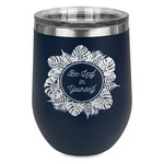 Tropical Leaves Border Stemless Stainless Steel Wine Tumbler - Navy - Single Sided (Personalized)