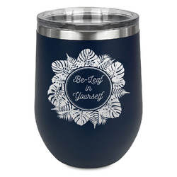 Tropical Leaves Border Stemless Stainless Steel Wine Tumbler - Navy - Single Sided (Personalized)