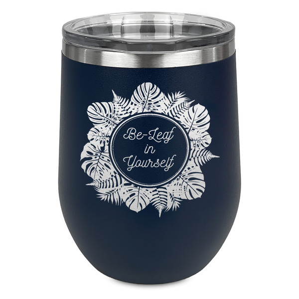 Custom Tropical Leaves Border Stemless Stainless Steel Wine Tumbler - Navy - Single Sided (Personalized)