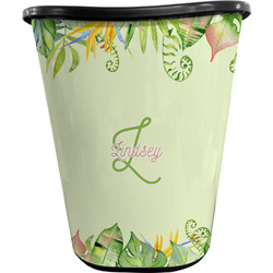 Tropical Leaves Border Waste Basket - Double Sided (Black) (Personalized)