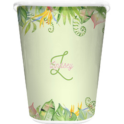 Tropical Leaves Border Waste Basket - Double Sided (White) (Personalized)