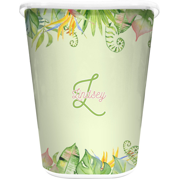 Custom Tropical Leaves Border Waste Basket - Double Sided (White) (Personalized)