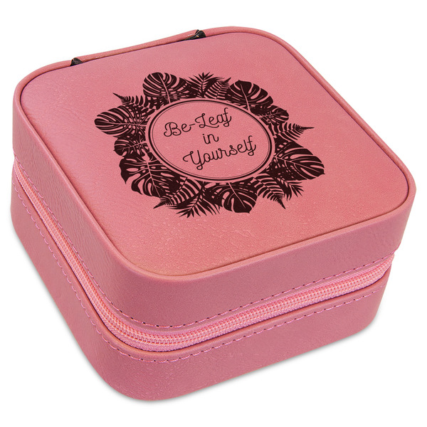 Custom Tropical Leaves Border Travel Jewelry Boxes - Pink Leather (Personalized)